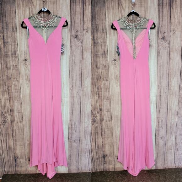 NWT Lucci Lu Bubblegum Pink Bead Embellished Collar Gown, Style # 8129, Sz 4 - Picture 2 of 11